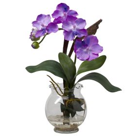 Mini Vanda w/Fluted Vase Silk Flower Arrangement (Color: Purple)