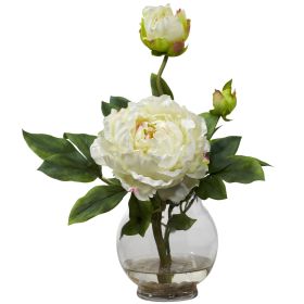 Peony w/Fluted Vase Silk Flower Arrangement (Color: White)