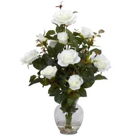 Rose Bush w/Vase Silk Flower Arrangement (Color: White)