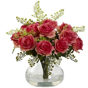 Rose & Maiden Hair Arrangement w/Vase (Color: Dark Pink)
