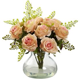 Rose & Maiden Hair Arrangement w/Vase (Color: Peach)