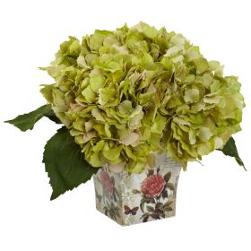 Hydrangea with Floral Planter (Color: Green, size: 9.5")