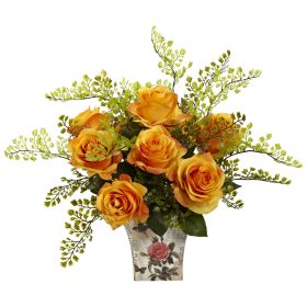 Rose & Maiden Hair w/Floral Planter (Color: Orange Yellow)