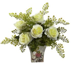Rose & Maiden Hair w/Floral Planter (Color: White)