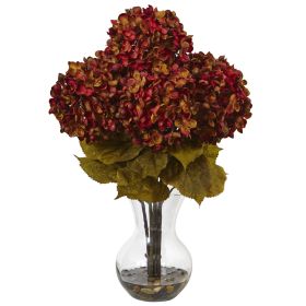 Hydrangea with Vase Silk Flower Arrangement (Color: Rust, size: 18")