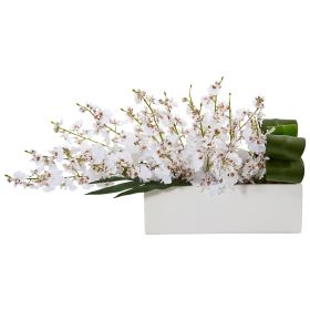 Dancing Lady Orchid in Rectangular Ceramic (Color: White, size: 10")