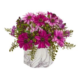 Daisy Artificial Arrangement in Marble Finished Vase (size: 10")