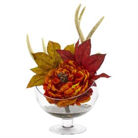 Peony Artificial Arrangement in Pedestal Glass Vase (size: 15")