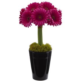 Gerber Daisy Artificial Arrangement in Black Vase (size: 17")