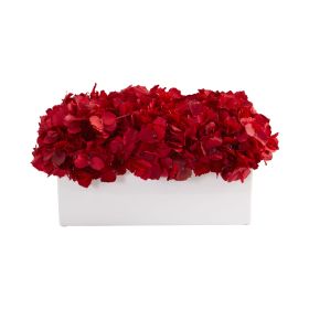 Red Hydrangea Artificial Arrangement in Ceramic Vase (size: 13")