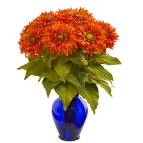 Sunflower Artificial Arrangement in Blue Vase (size: 19")