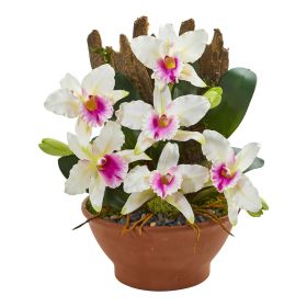 Cattleya Orchid Artificial Arrangement in Clay Vase (size: 15")