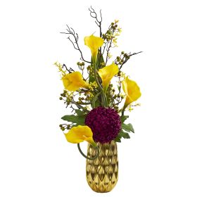 Calla Lily and Mum Artificial Arrangement in Gold Vase (size: 36")