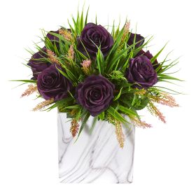 Roses & Grass Artificial Arrangement in Marble Vase (size: 14")