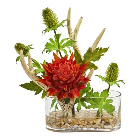 Tropical Flower and Antlers Artificial Arrangement (size: 10")