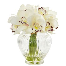 Cymbidium Orchid Artificial Arrangement in Glass Vase (size: 9")
