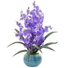 Dancing Lady Orchid Artificial Arrangement in Blue Vase (size: 20")