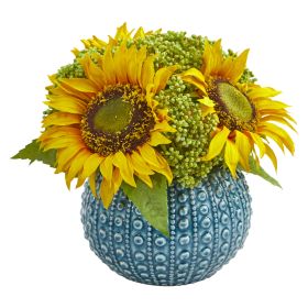 Sunflower Artificial Arrangement in Blue Vase (size: 9")