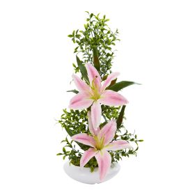 Lily and Boxwood Artificial Arrangement in Planter (size: 18")