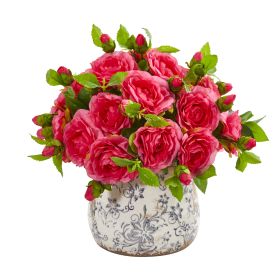 Camellia Artificial Arrangement in Decorative Vase (size: 13")
