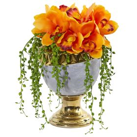 Cymbidium Orchid Artificial Arrangement in Designer Urn (size: 13")
