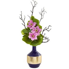 Anemone and Lotus Leaf Artificial Arrangement in Vase (size: 22")
