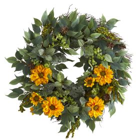 Mixed Greens and Zinnia Artificial Wreath (size: 23")