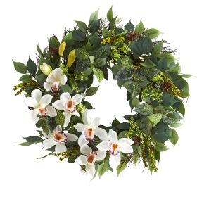 Mixed Greens and Cymbidium Orchid Artificial Wreath (size: 23")