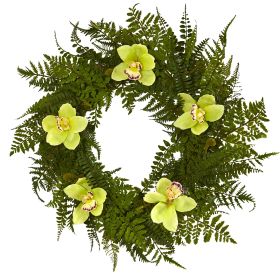 Mixed Fern and Cymbidium Orchid Artificial Wreath (size: 24")