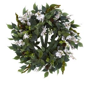Mixed Greens and Dancing Lady Orchid Artificial Wreath (size: 23")