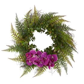 Assorted Fern and Phalaenopsis Orchid Artificial Wreath (size: 23")