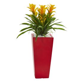 Triple Bromeliad Artificial Plant in Red Planter (size: 26")