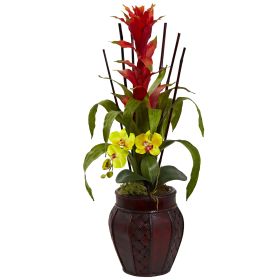 Bromedliad & Orchid Combo w/Planter (Color: Yellow, size: 32")