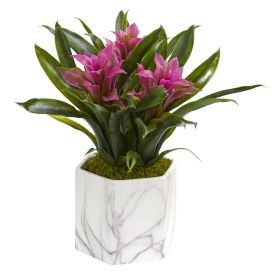 Bromeliad Artificial Plant in Marble Finished Vase (size: 11")