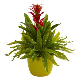 Bromeliad and Fern Artificial Plant in Green Vase (size: 18")