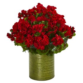 Geranium Artificial Plant in Metal Planter UV Resistant (size: 20")