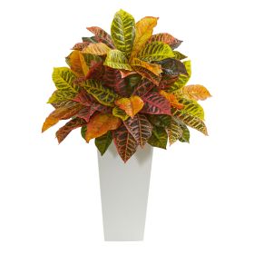 Croton Plant in White Tower Planter (Real Touch) (size: 27")