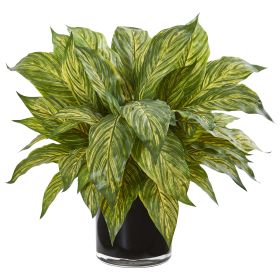 Musa Leaf Artificial Plant in Glossy Black Vase (size: 17")