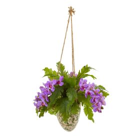 Phalaenopsis Orchid and Fern Plant in Hanging Vase (size: 26")