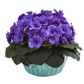 African Violet Artificial Plant in Turquoise Vase (size: 9")
