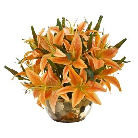 Lily Artificial Arrangement in Gold Vase (size: 14")