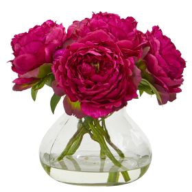 Peony Artificial Arrangement in Glass Vase (size: 10")