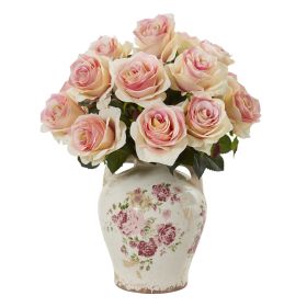 Rose Artificial Arrangement in Flower Print Jar (size: 16")