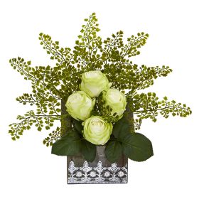Rose and Maiden Hair Arrangement in Hanging Planter (size: 13")