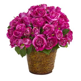 Rose Artificial Arrangement in Basket (size: 14")