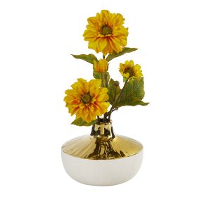 Zinnia Arrangement in Gold and Cream Elegant Vase (size: 15")
