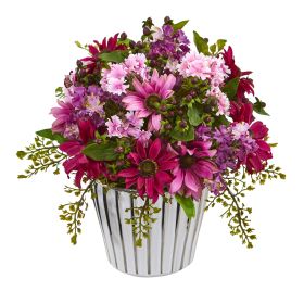 Mixed Daisy Arrangement in White Vase Silver Trimming (size: 10")