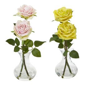 Rose Artificial Arrangement in Glass Vase (Set of 2) (size: 11")