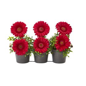 Gerber Daisy Artificial Arrangement in Trio Metal Vase (size: 14")