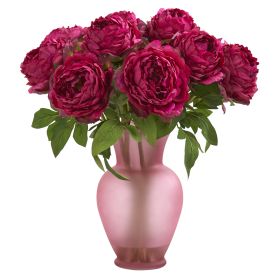 Peony Artificial Arrangement in Rose Colo Red Vase (size: 18")